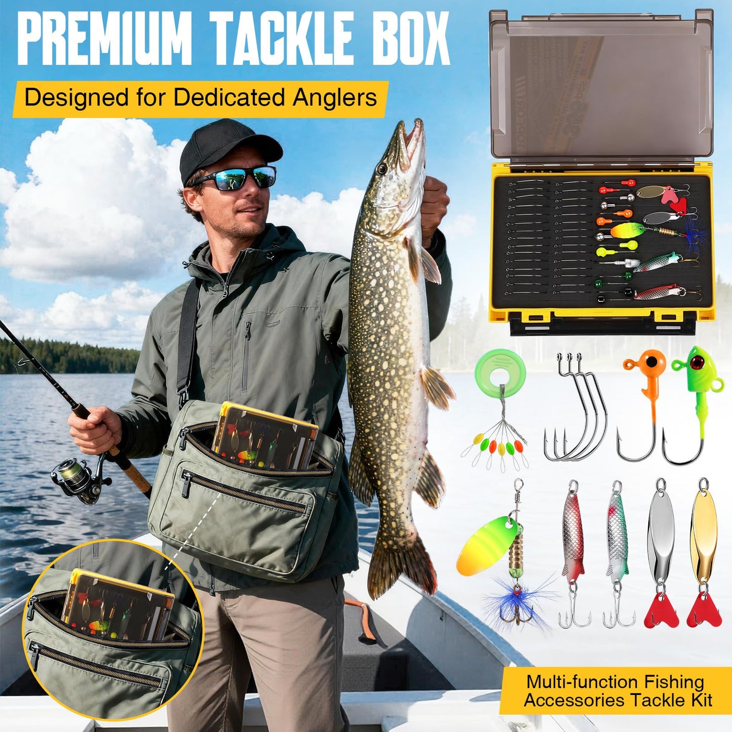 TOPFORT 356PCS Abundant Fishing Accessories Kit with Double-Side Fishing Tackle Box, Fish Gear and Equipment Include Fishing Hooks Jig Head Fishing Weights Sinkers for Trout Bass Crappie
