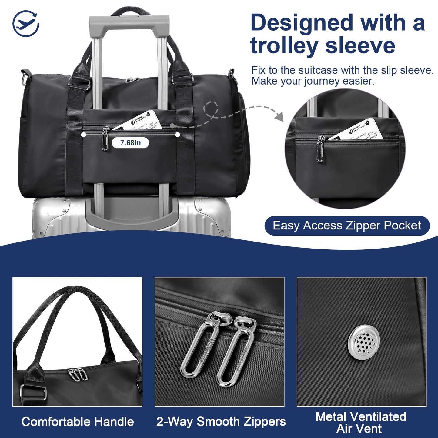 FIORETTO Womens Gym Tote Duffle Bag with Toiletry Bag, Sports Duffel Overnight Hospital Workout Carry on Bag for Girls with Wet Pocket & Shoe Compartment, Ideal for Travel, Swimming, Dance Black