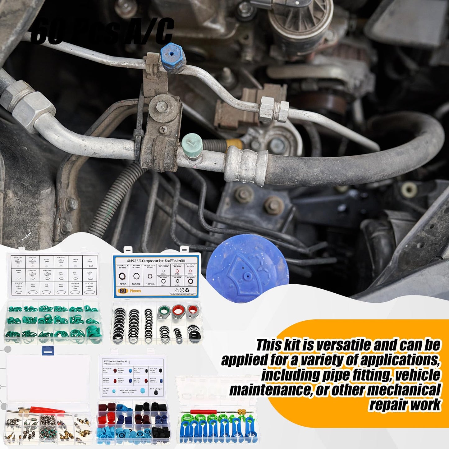 Threlaco 5 Sets/525 Pcs Car A/c Repair Kits with 18 Sizes 270 O-Ring Kit, 102 Valve Cores, 60 Compressor Gaskets, 77 Dust Cap, 39 Valve Core, 16 Ac Fuel Line Disconnect Tool Compatible with R12 R134a