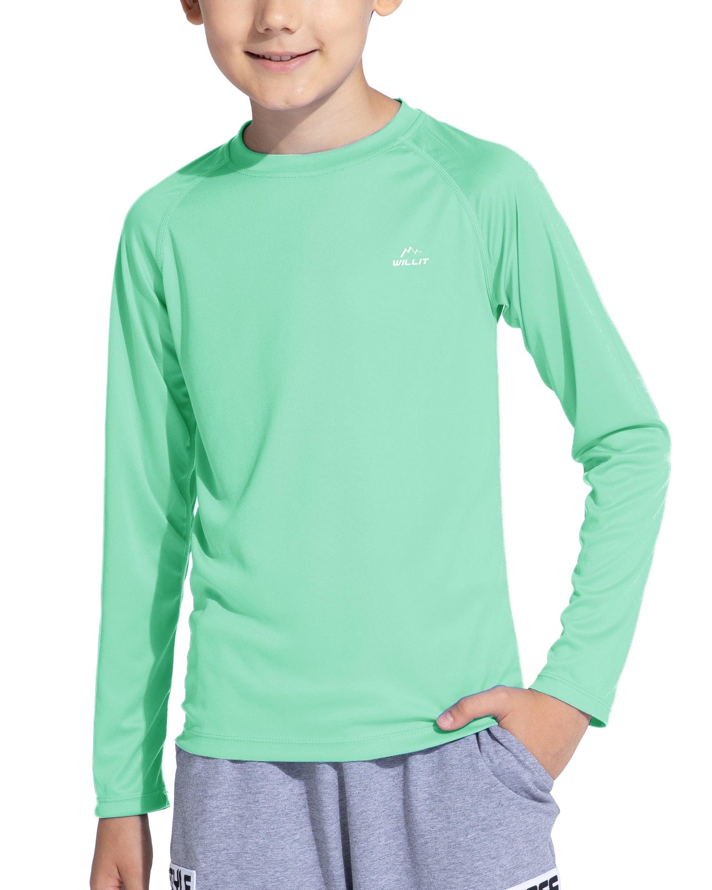 Willit Boy's UPF 50+ Sun Protection Shirt Long Sleeve Rash Guard Swim Shirts Youth SPF Fishing Quick Dry Shirt Light Green M