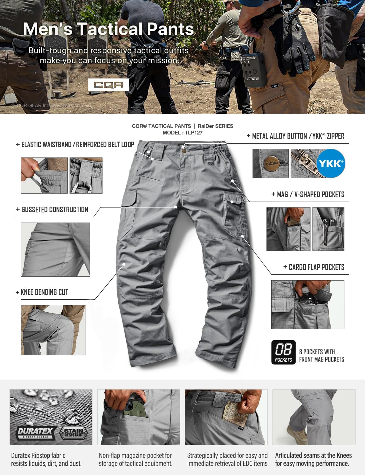 CQR Men's Tactical Pants, Water Resistant Ripstop Cargo Pants, Lightweight EDC Work Hiking Pants, Outdoor Apparel, Raider Mag Pocket Stone, 40W x 32L