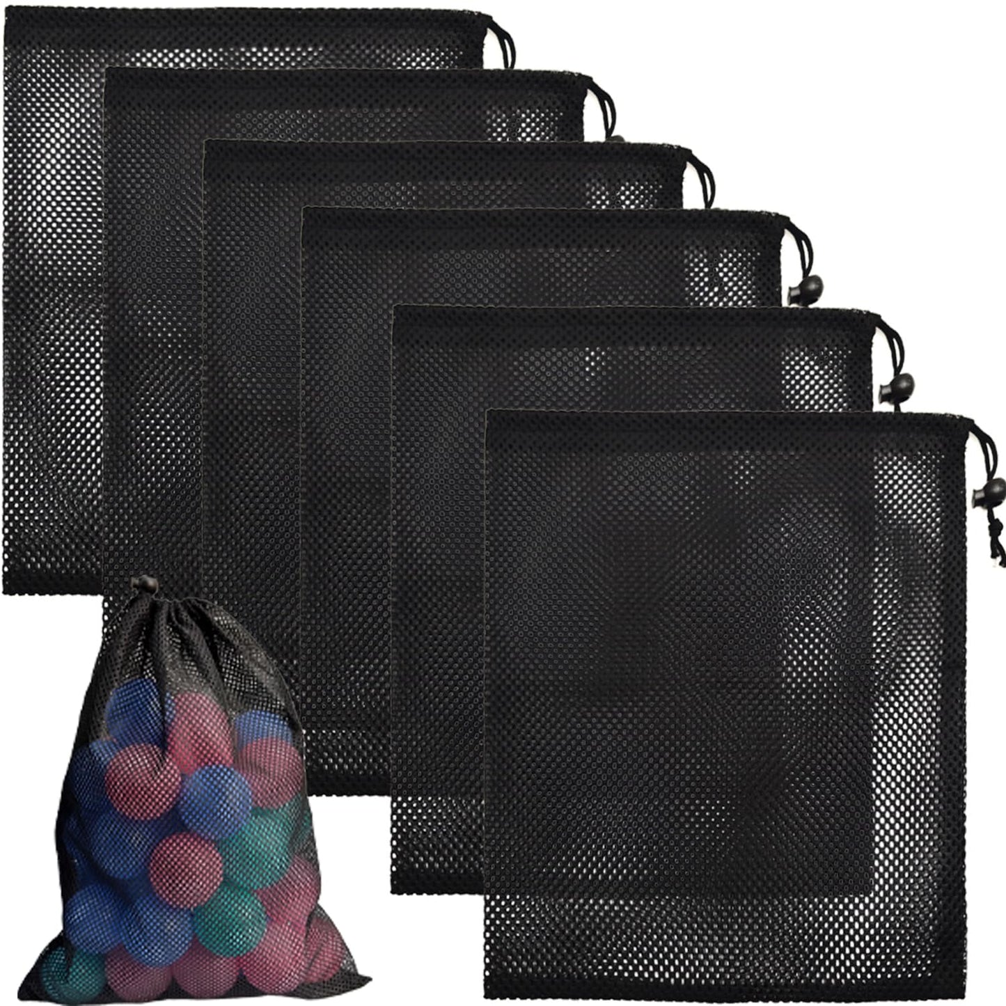 CHENGLAI 6 PCS Mesh Drawstring Bag 12" x 15.7", Durable Sports Equipment Net Bag Multipurpose Mesh Storage Bags for Tennis Ball, Golf Ball, Swimming, Camping and Travel, Black