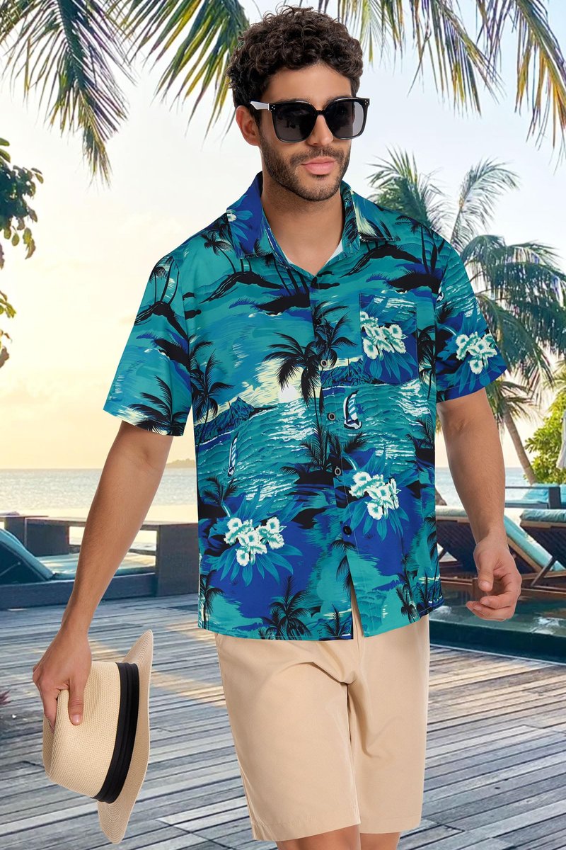 Mens Hawaiian Shirt Short Sleeve Summer Beach Casual Tops Button Down T Shirts with Pocket(Green Palm Tree,XL)