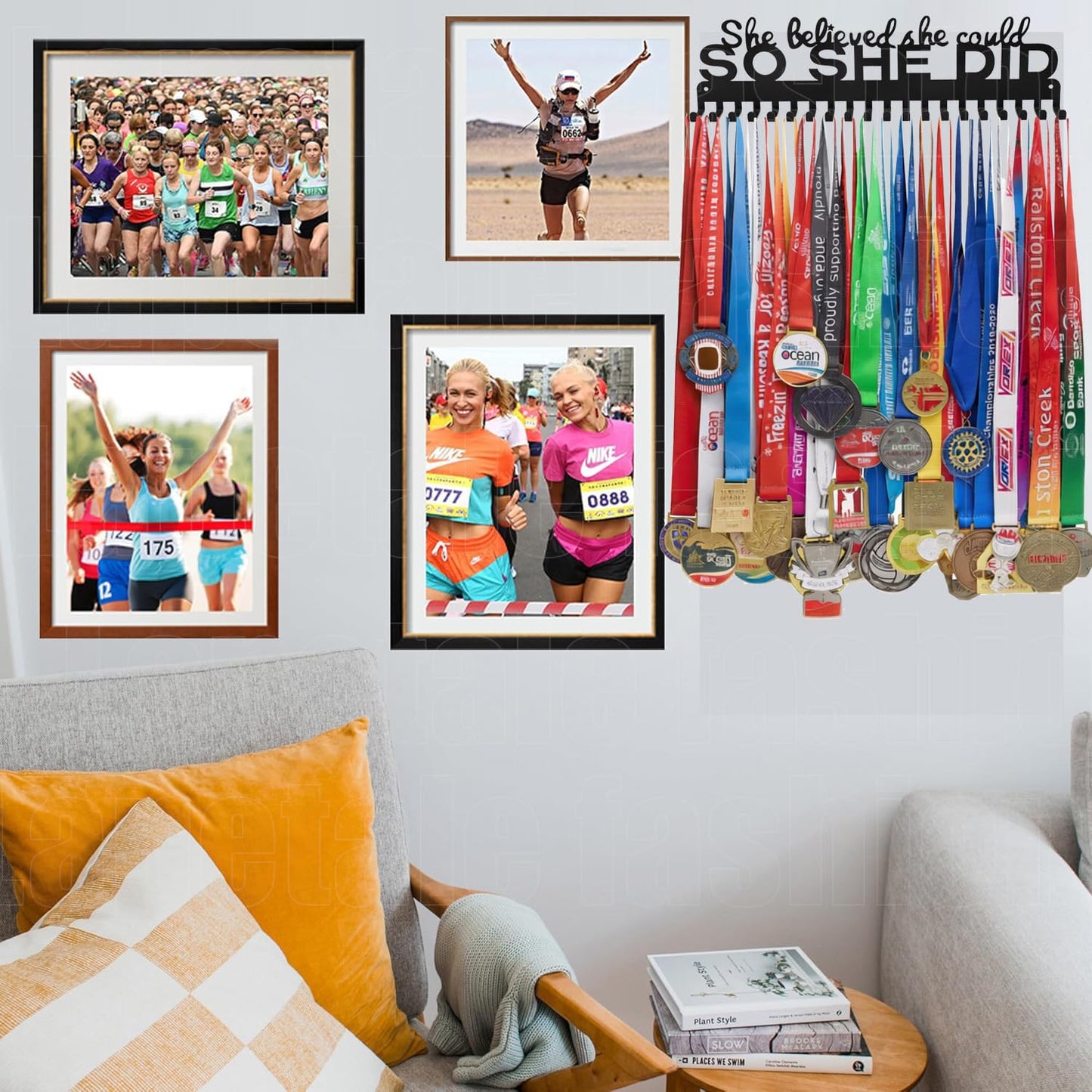 Lapetale Fashion Metal Medal Hanger Display for 63 Medals – She Believed She Could So She Did (16" Wide with 20 Hooks) - Black- Awesome Gifts-Patent NO.983560S