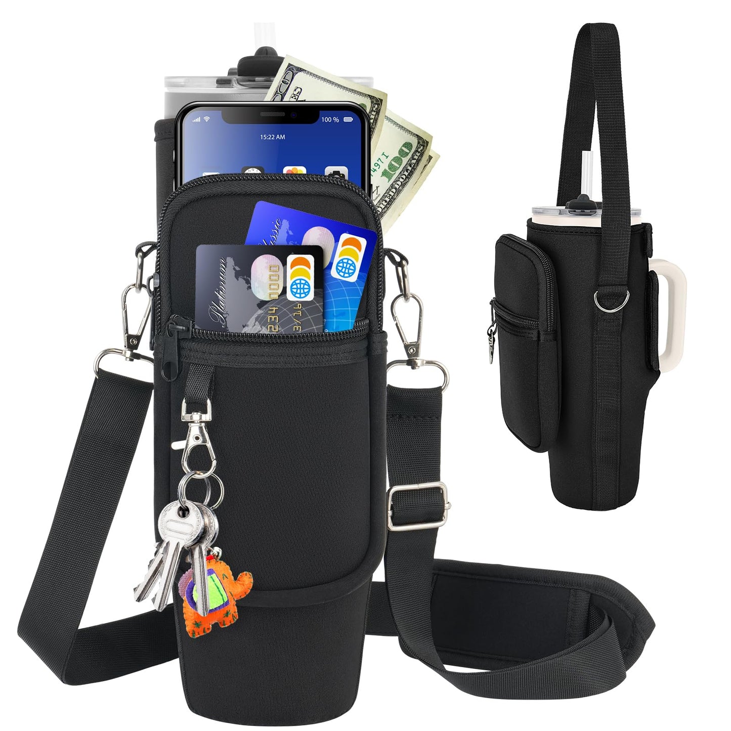 Water Bottle Carrier Bag with Phone Pocket Compatible with Stanley/Meoky 40 oz Tumbler with Handle,Water Bottle Holder Pouch with Adjustable Strap Compatible with Stanley Cup Accessories,Black