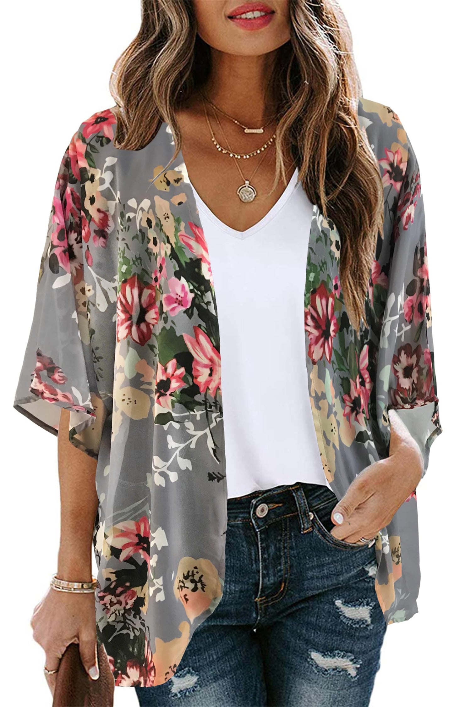 Women's Floral Print Puff Sleeve Kimono Cardigan Loose Cover Up Casual Blouse Tops (Darkgrey,3XL)