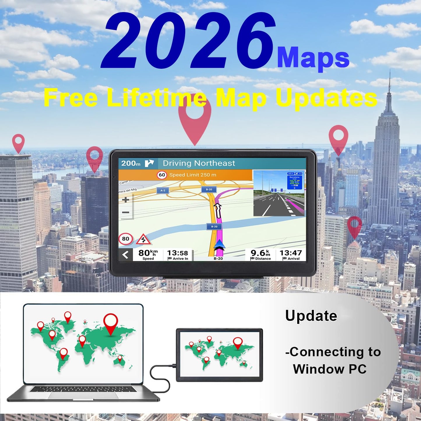 GPS Navigator for Car, Latest 2026 Map 7 inch Touch Screen Car GPS 256-16GB, Voice Turn Direction Guidance, Support Speed and Red Light Warning, North America Lifetime map Free Update(Black)