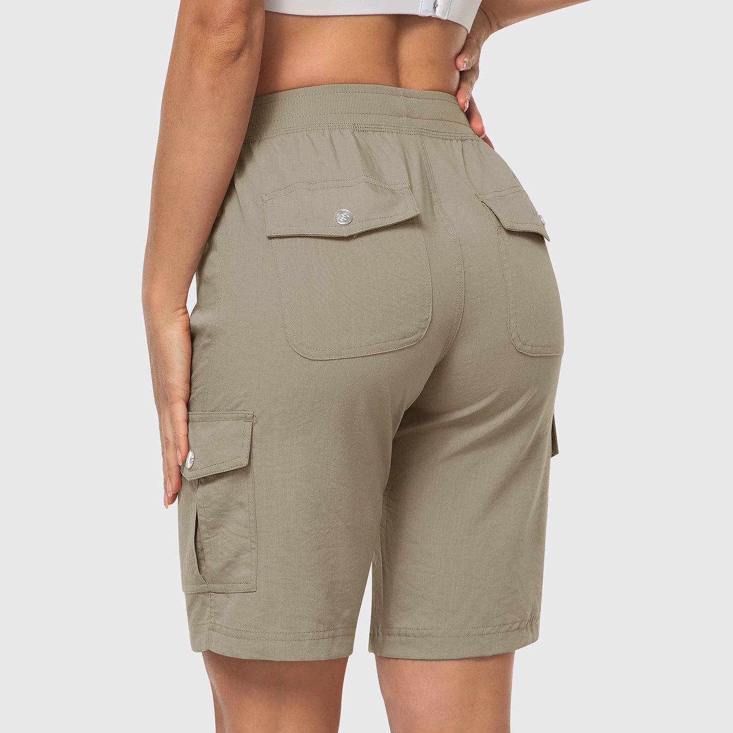 MoFiz Women's Hiking Long Shorts 10" Quick Dry Cargo Shorts for Women Lightweight Knee Length Athletic Shorts with Pockets Khaki M