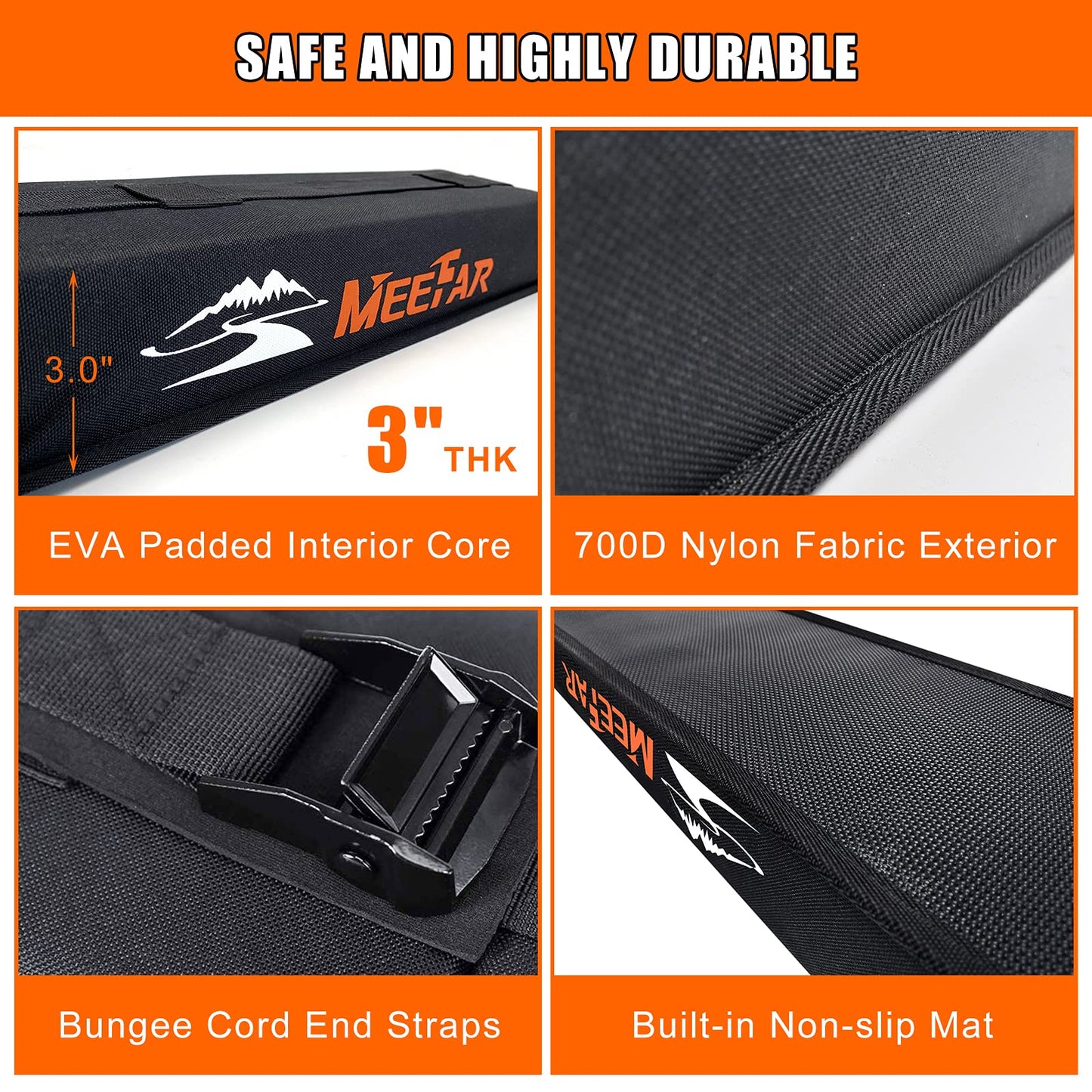 MeeFar Universal Car Soft Roof Rack Pads Luggage Carrier System for Kayak Surfboard SUP Canoe Include 2 Heavy Duty Tie Down Straps, 2 Tie Down Rope, 2 Quick Loop Strap and Storage Bag