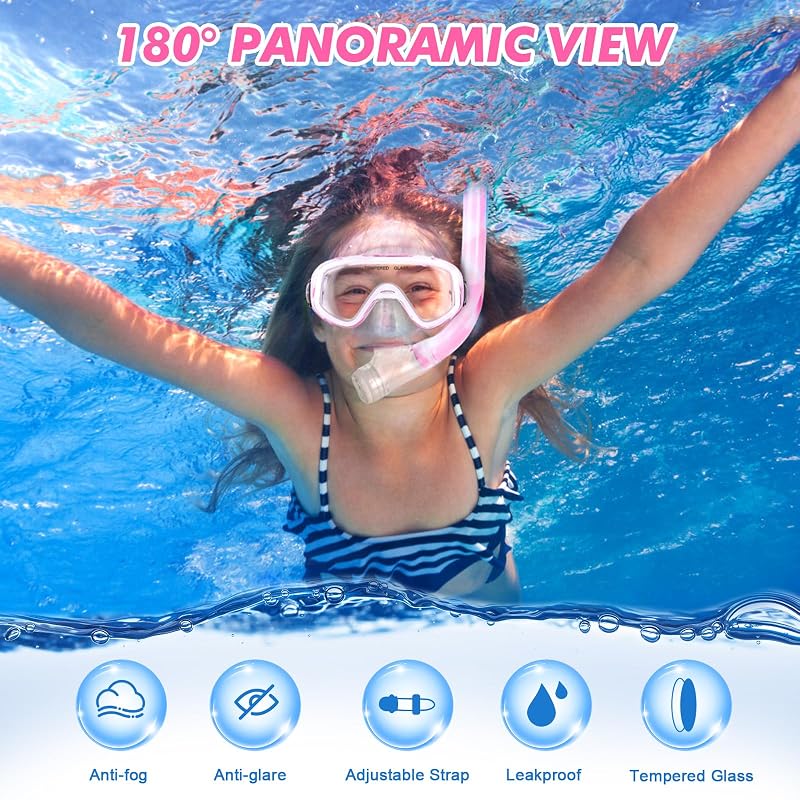 Kids Snorkel Set with Anti-Fog Mask & Dry Top Snorkel - Pink/White