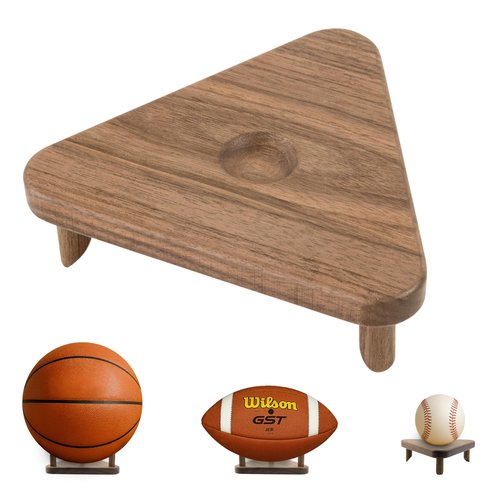 Solid Walnut Ball Display Stand – Basketball Holder, Football Stand, Soccer Ball Display Rack – Premium Wood Sports Memorabilia Display Holder – Triangle Ball Stand for Autographed Balls