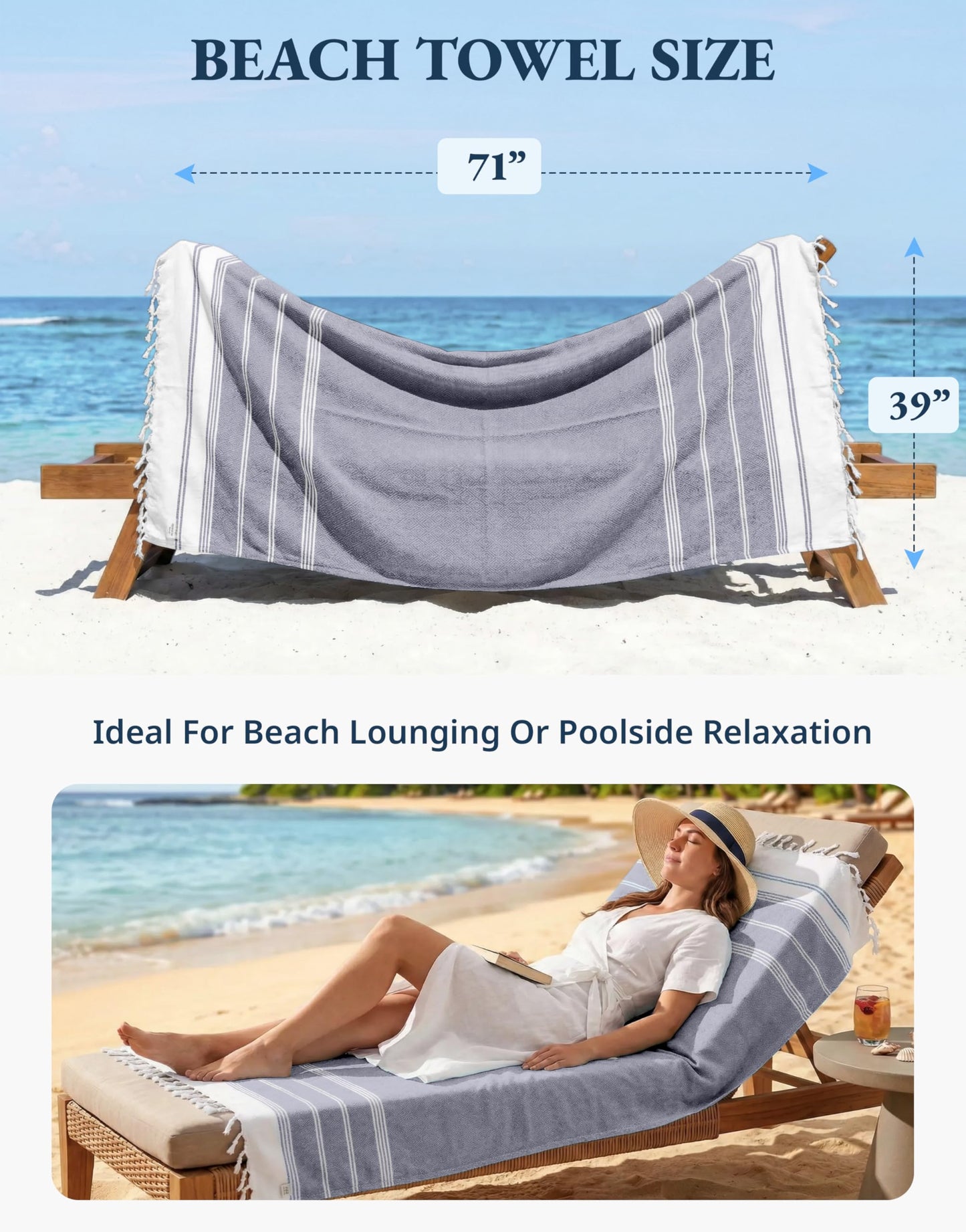 LANE LINEN Turkish Beach Towels, Extra Large Beach Towel, Pre-Washed for Soft Feel, Oversized Sand Free Quick-Dry Pool Towel, Beach Towels for Adults, 39"x71" - Navy Blazer