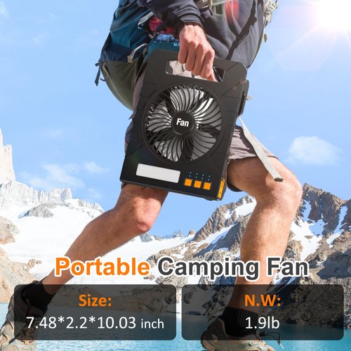 Solar Powered Fan for Camping, 4000mAh Portable Table Fan with LED Lantern, Flashlight, Battery Operated, 4 Speeds Powerful Wind and 4 Timers, for Workbench, Picnic, Hurricane, Fishing