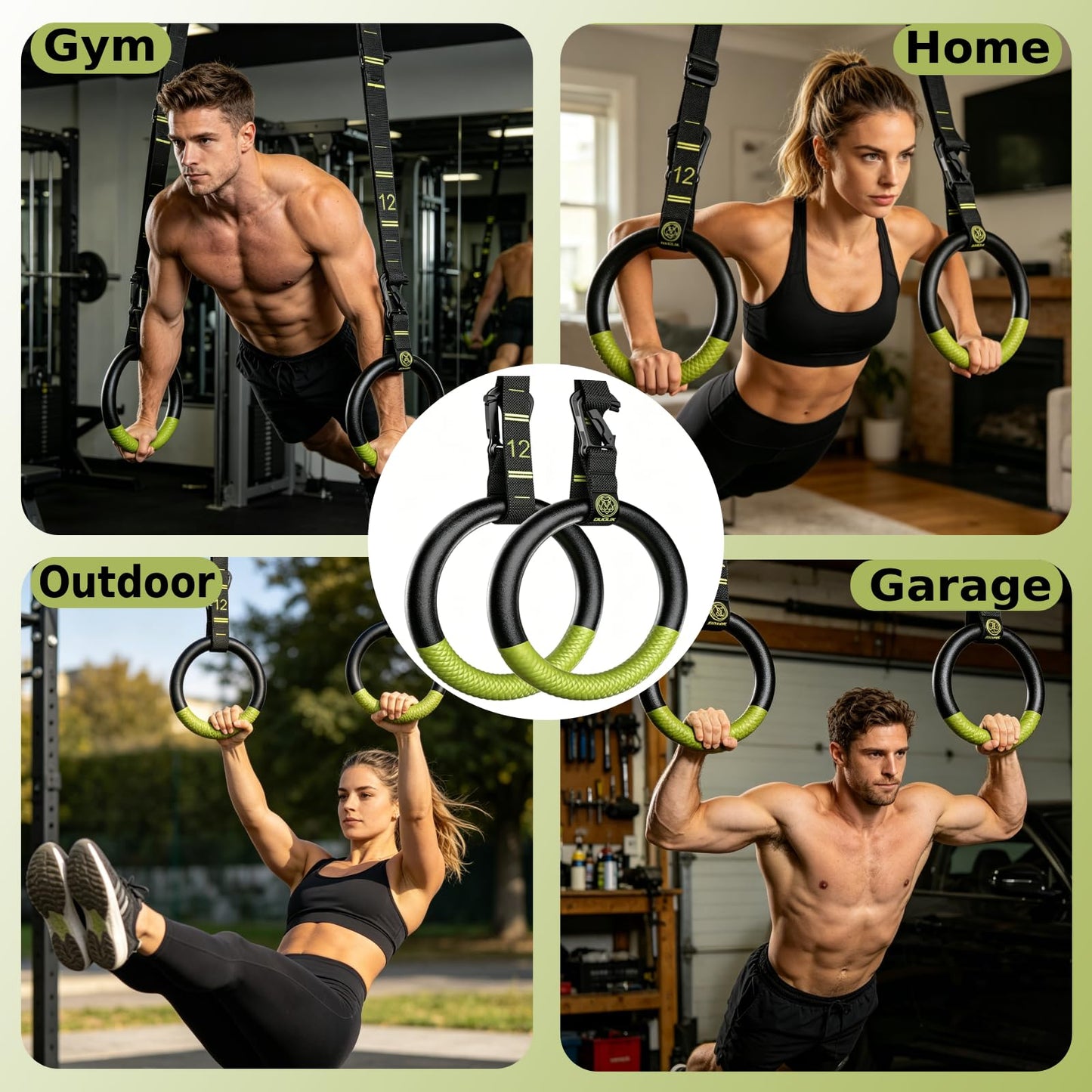 QUOLIX Gymnastic Rings & Olympic Rings with Adjustable Straps, Non-Slip Pull Up Rings with Straps, 1300lbs Exercise Rings for Men Women, Gymnastics Rings for Home Gym, Workout, Exercise, Calisthenic