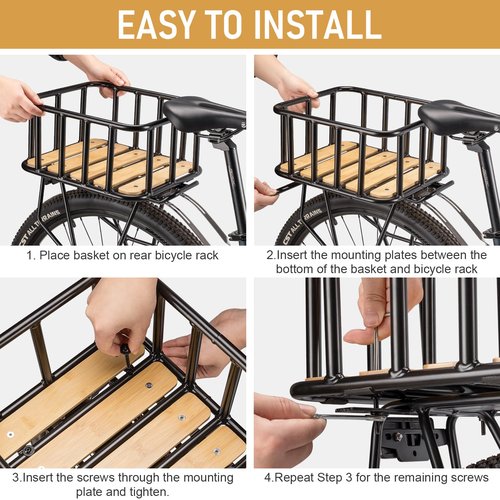 CXWXC Rear Bike Basket - Large Bicycle Rear Basket with Cargo Net and Waterproof Cover, Wooden Base Baskets Rear Large Capacity