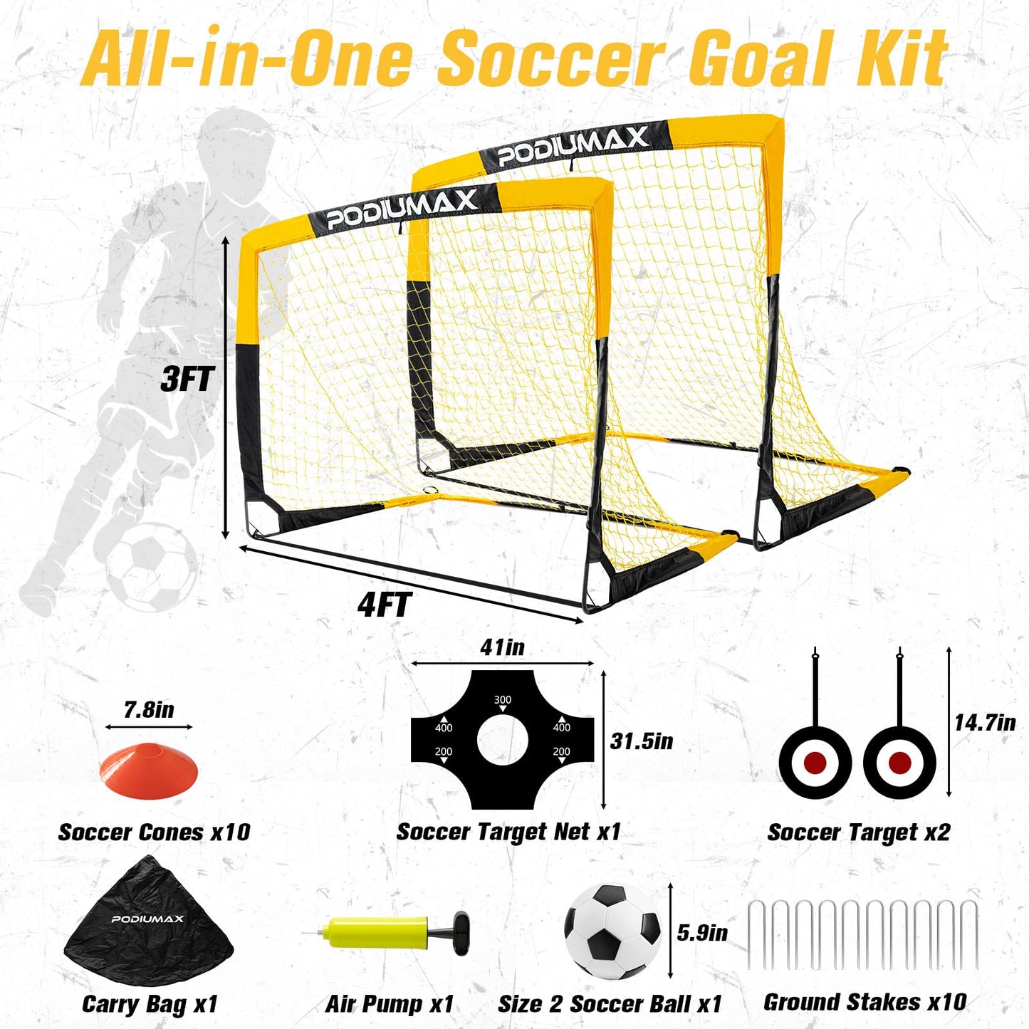 PodiuMax Kids Soccer Goal Set of 2, 4x3ft Pop up Portable Soccer Goals for Backyard, Soccer Net for Kids Age 3 4 5 6 7 8, Toddler Soccer Goal Gift with 1 Ball, 1 Target Net, 10 Cones, 2 Targets