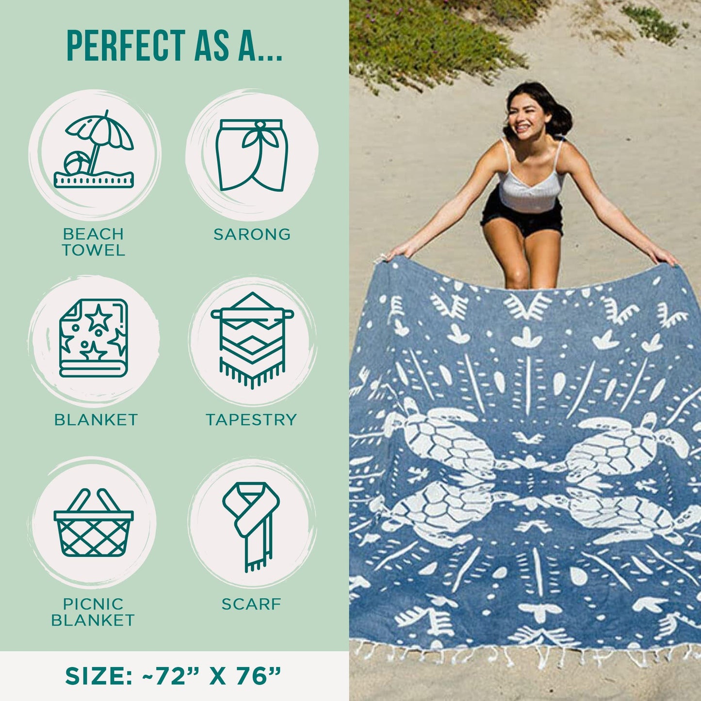 Sand Cloud Extra Large Turkish Beach Towel - Sand Resistant - 100% Organic Turkish Cotton Yarn - Quick Dry Towel for Beach Blanket or Bath - As Seen on Shark Tank - Marine Life (Prism Turtles XL)