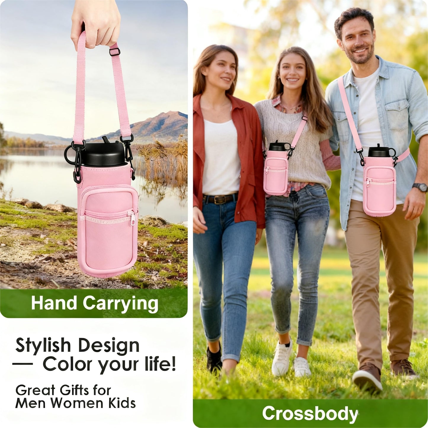 Water Bottle Holder with Strap, 32/40 oz Insulated Bottle Sling Bag Crossbody, Water Bottle Carrier Bag with Phone Pocket and Small Pocket for Walking Hiking Camping Fishing(3.34"W * 7.87"H)