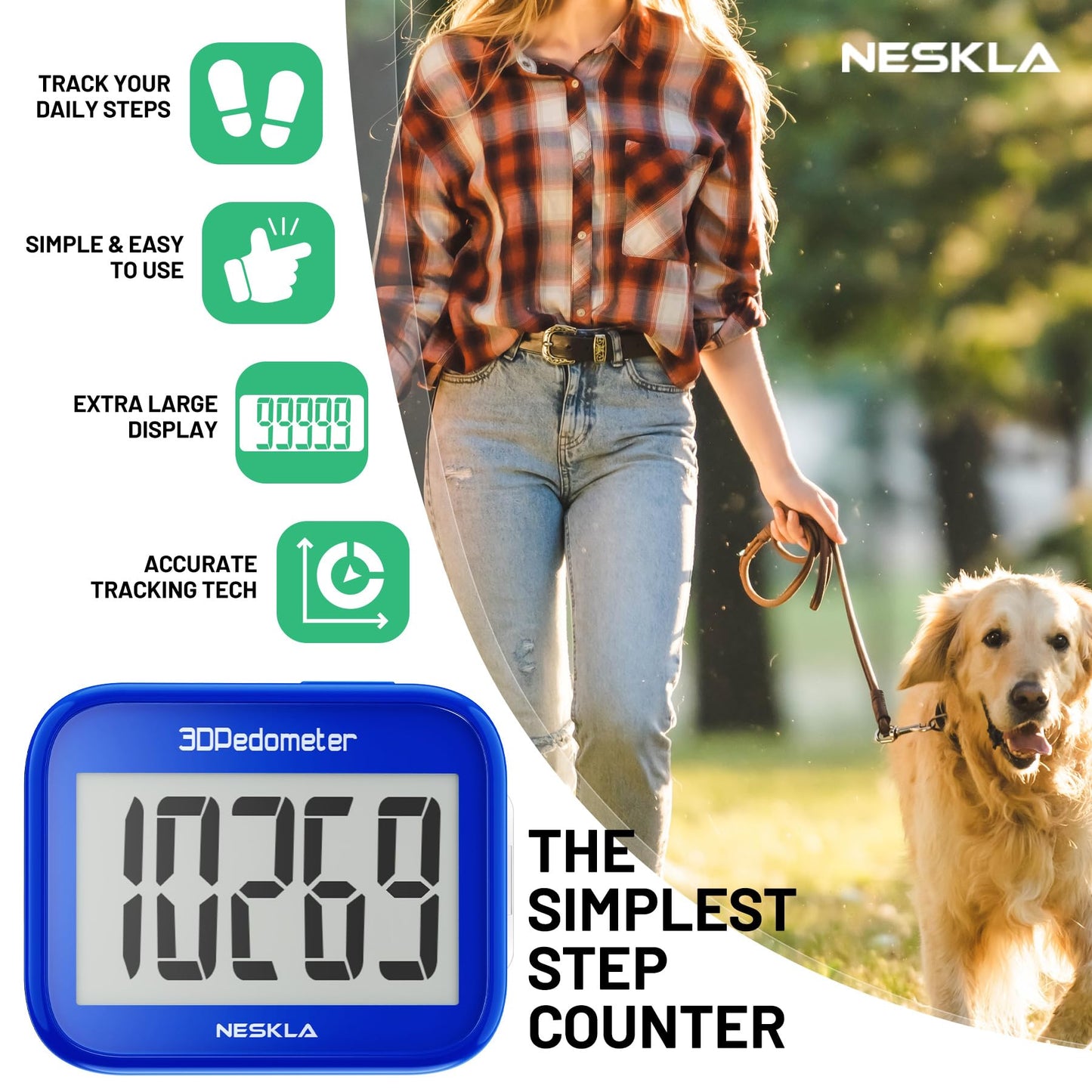NESKLA 3D Pedometer for Walking, Simple Step Counter with Large Digital Display, Step Tracker with Removable Clip Lanyard, Accurately Track Steps for Men Women Kids Adults Seniors-Dark Blue