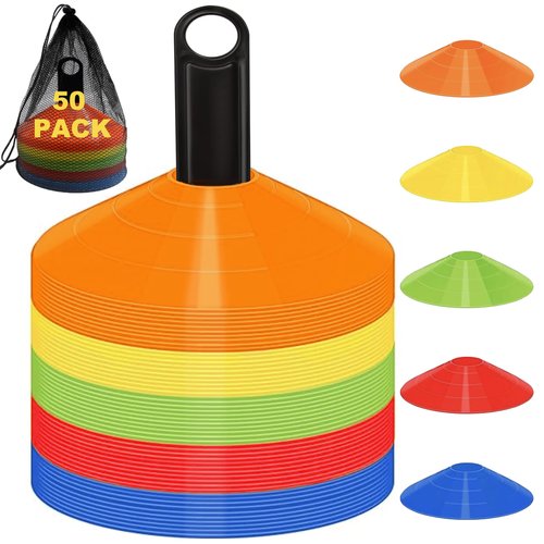 MIVERYEA 25/50 Pack Disc Cones for Sports Drills, Agility Training Cone for Soccer, Football, Basketball, Coaching, Practice Equipment with Carry Bag and Holder, 5 Color