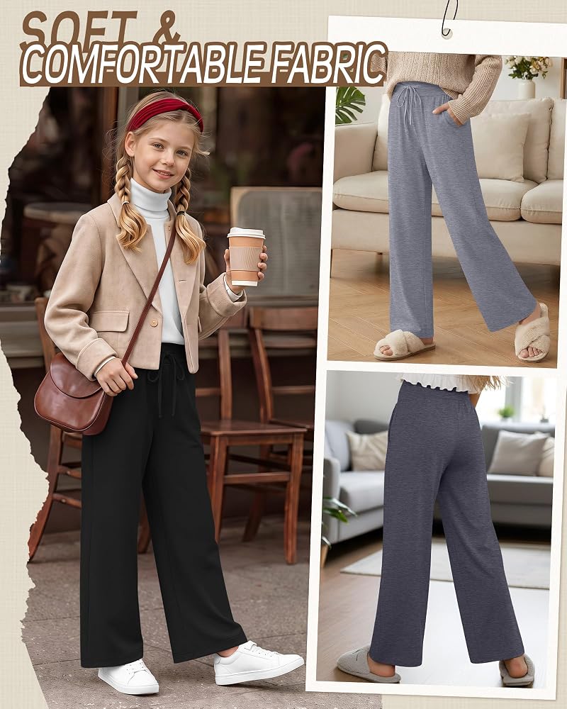 3 Pack Girls Wide Leg Sweatpants - Light Gray, Dark Gray, Black 13-14 Years