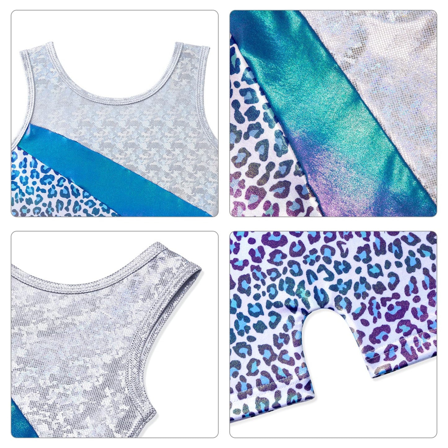 HOZIY Leotards for Girls Gymnastics Size 10-12 Years Blue Leopard White Blue Stripe Spliced Tumbling Outfits Biketard Practice Ropa De Niña Para Gimnasia Suit