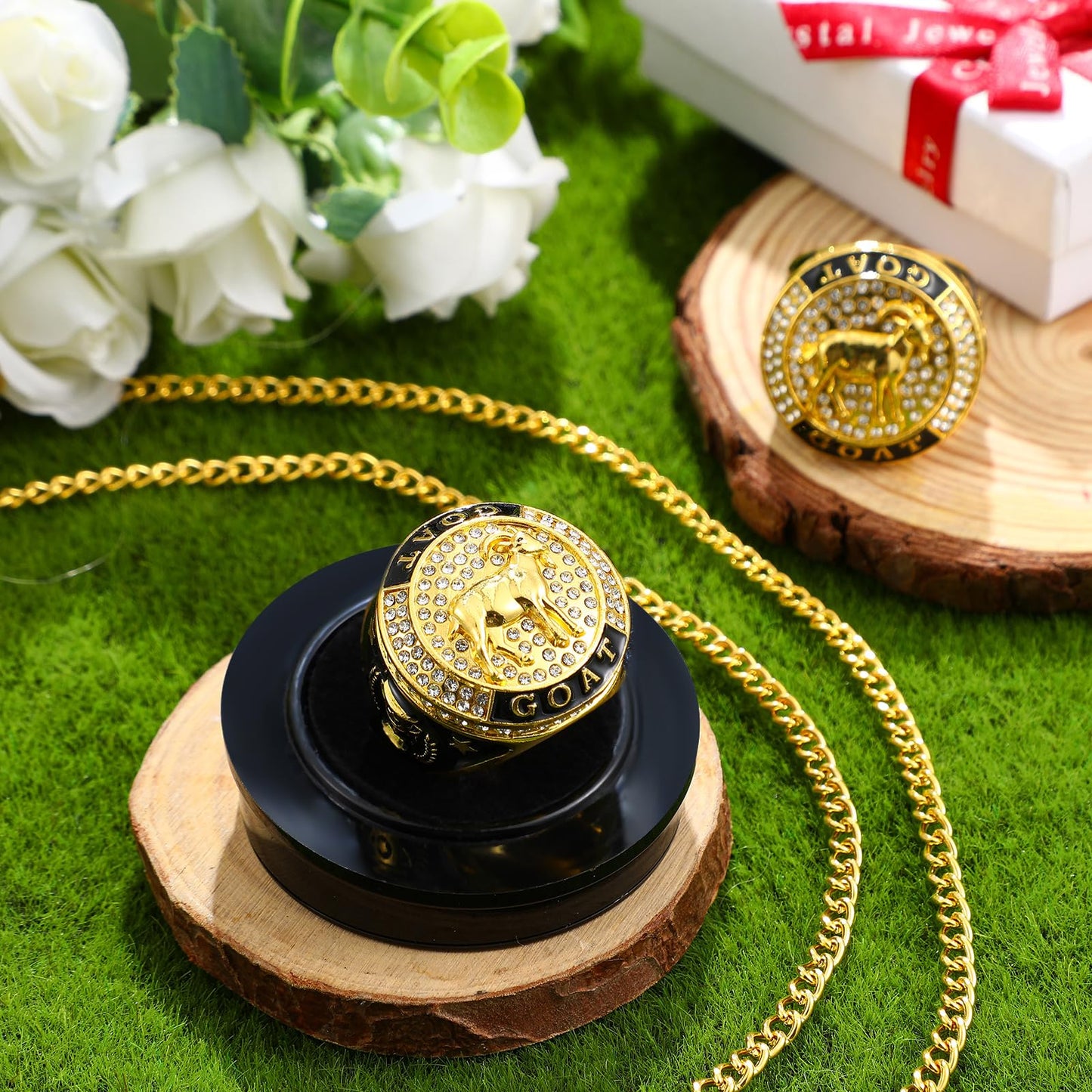 Highergo 10 Pcs Goat Championship Trophy Ring with Display Neck Chain and Stand Goat Medal Award Gift Greatest of All Time for Tournament or League Champion Winner Sports Award (Classic)