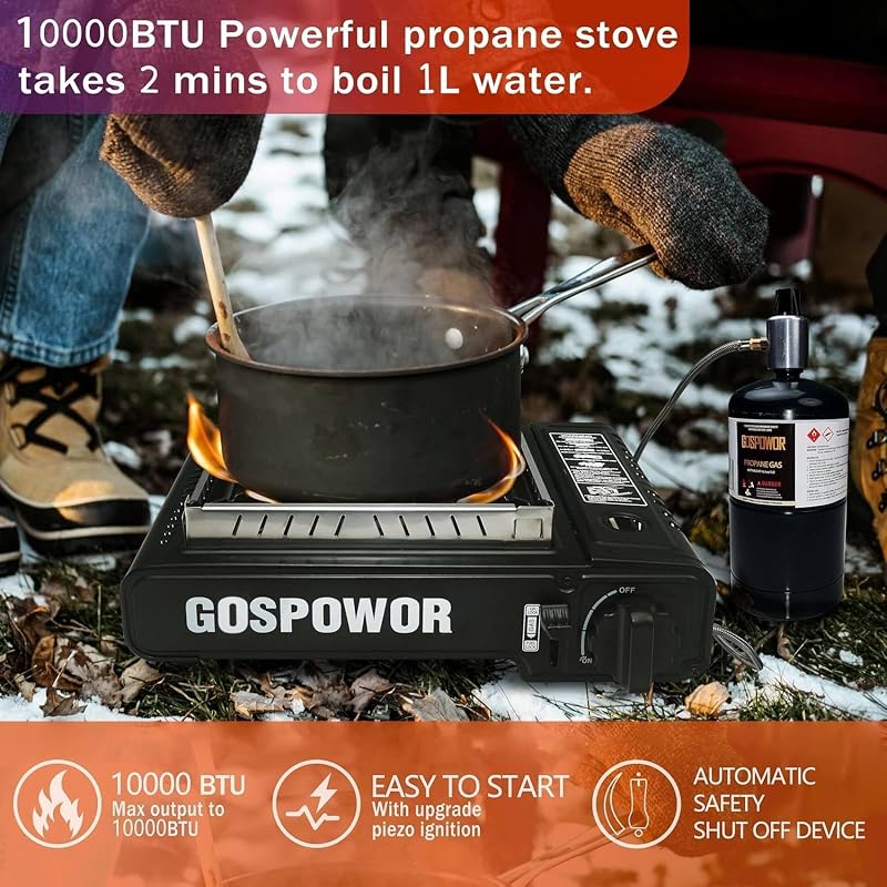 Dual Fuel Portable Camp Stove 10,000 BTU with Auto Ignition, Windblocker - Includes Hose & Case (Variation: Black) — Fuel Not Included