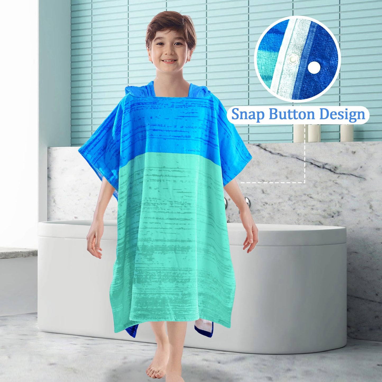 VOOVA & MOVAS Poncho Towel for Teens (8-16 Years) | Soft Absorbent Cotton Hooded Towel Robe | Versatile Beach, Pool, Swim & Bath Cover-Up | Blue & Aqua