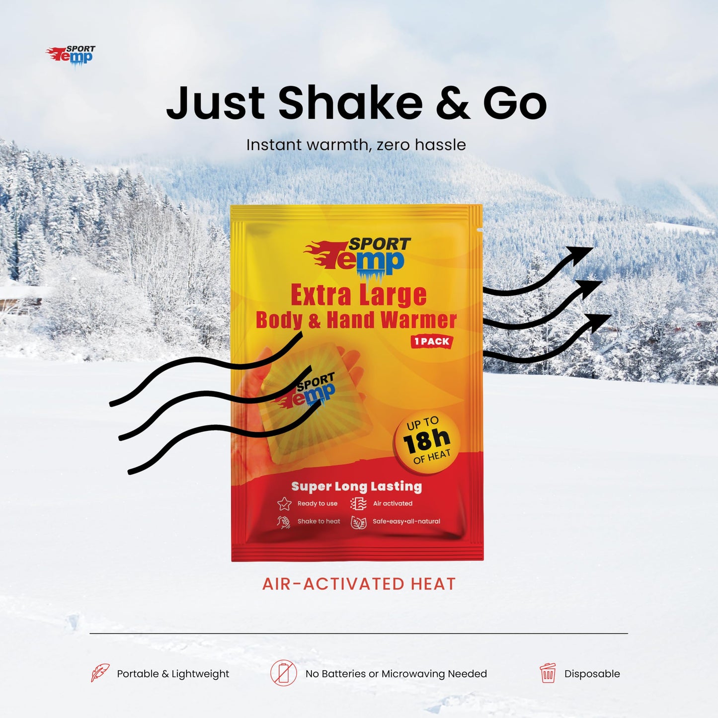 Large Hand & Body Warmers (100 Pack) Up to 18 Hours of Heat, Super Long Lasting - Easy, All Natural - Air Activated, for Body, Hands & Toes - Odorless Hot Hand Warmer - Sport Temp