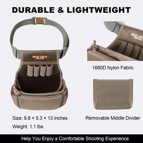 NEW VIEW Double Compartment Shell Bag - Shotgun Shell Pouch with 59 Inch Waist Belt & Chock Holder - Holds 60 Hulls, Fast Shell Removal - Shooting Accessories for Sporting Clays, Trap Shooting