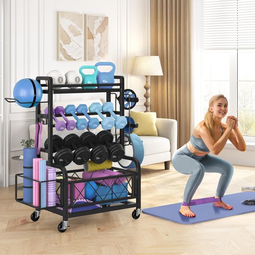 Yaheetech Weight Plate Rack Home Gym Yoga Mat Holder, Metal Dumbbell Rack Stand Fitness Equipment Storage with Hooks & Wheels for Kettlebells/Yoga Ball, Black