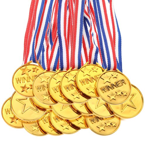 Gejoy 30 Pieces Gold Plastic Winner Award Medals, Gymnastics Field Day Awards for Sports, Competition, Talent Show, Spelling Bee Birthday Party Favors Gifts(Classic Style)