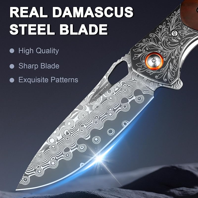Damascus Pocket Knife with Rosewood Handle & Leather Sheath - 8.07in, DMPH