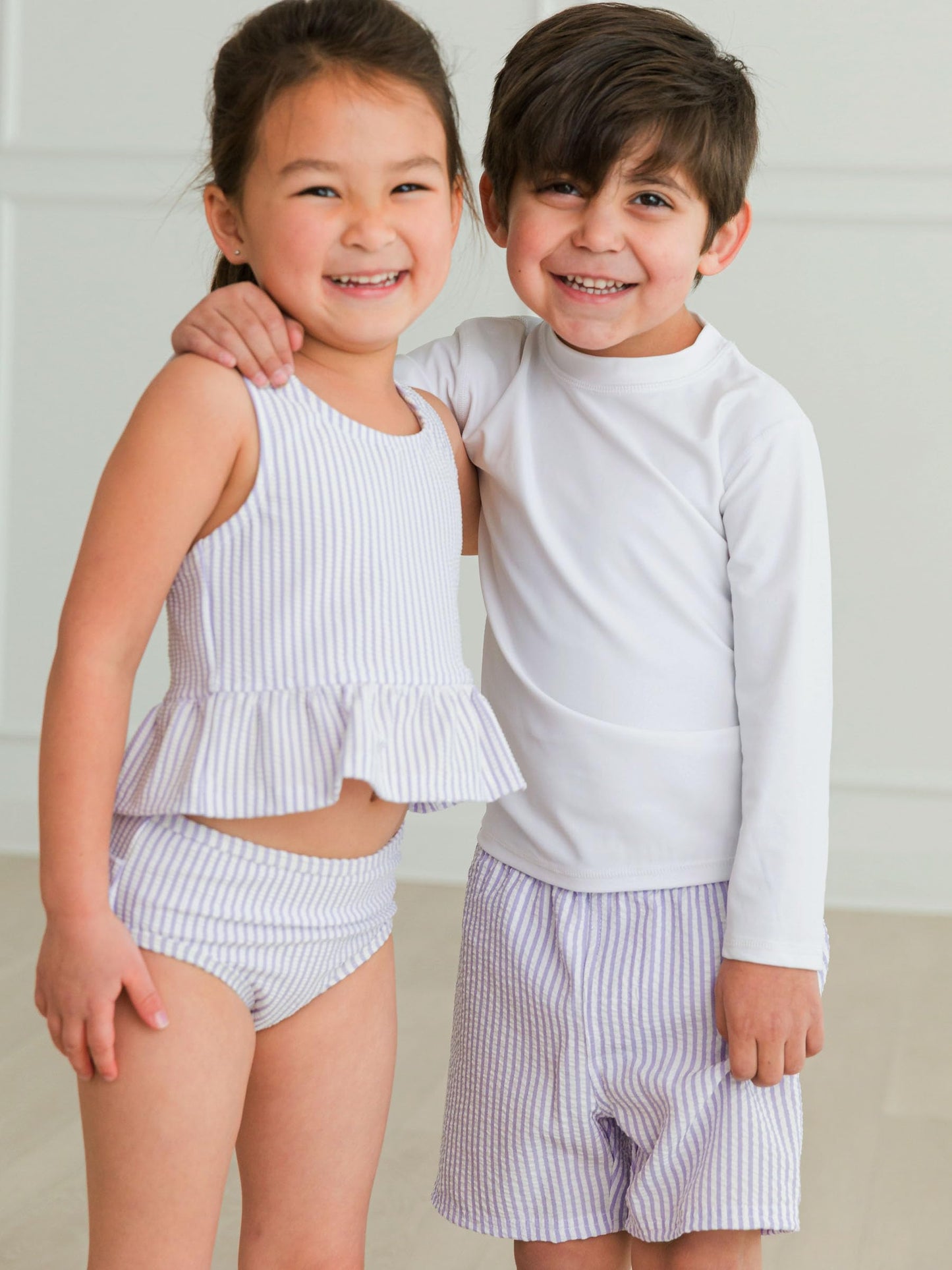 RUGGEDBUTTS Boys UPF50+ Sun Protection Seersucker Swim Trunks - Lavender Seersucker, 7