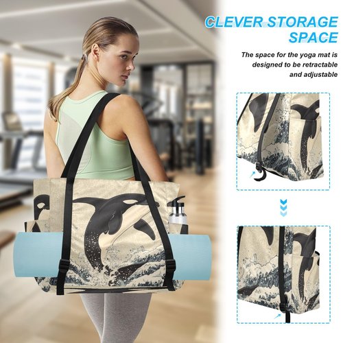 MCHIVER Killer Whales Waves Beige Black Yoga Bags for Women Pilates Bag with Adjustable Space for Yoga Mat Carrier for Beach Office Gym Workout Travel