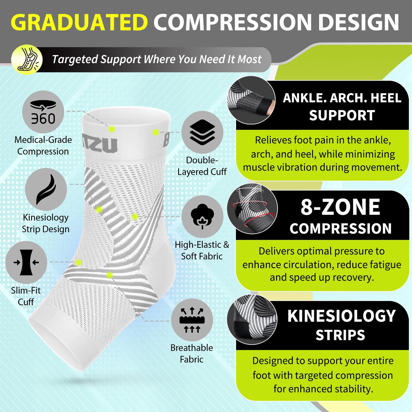 Compression Socks for Plantar Fasciitis, Achilles Tendonitis, Arthritis Relief, Ankle Brace Compression Sleeve with Foot Arch Support, Ankle Wrap for Women, Men, Swelling & Heel Pain White L-XL