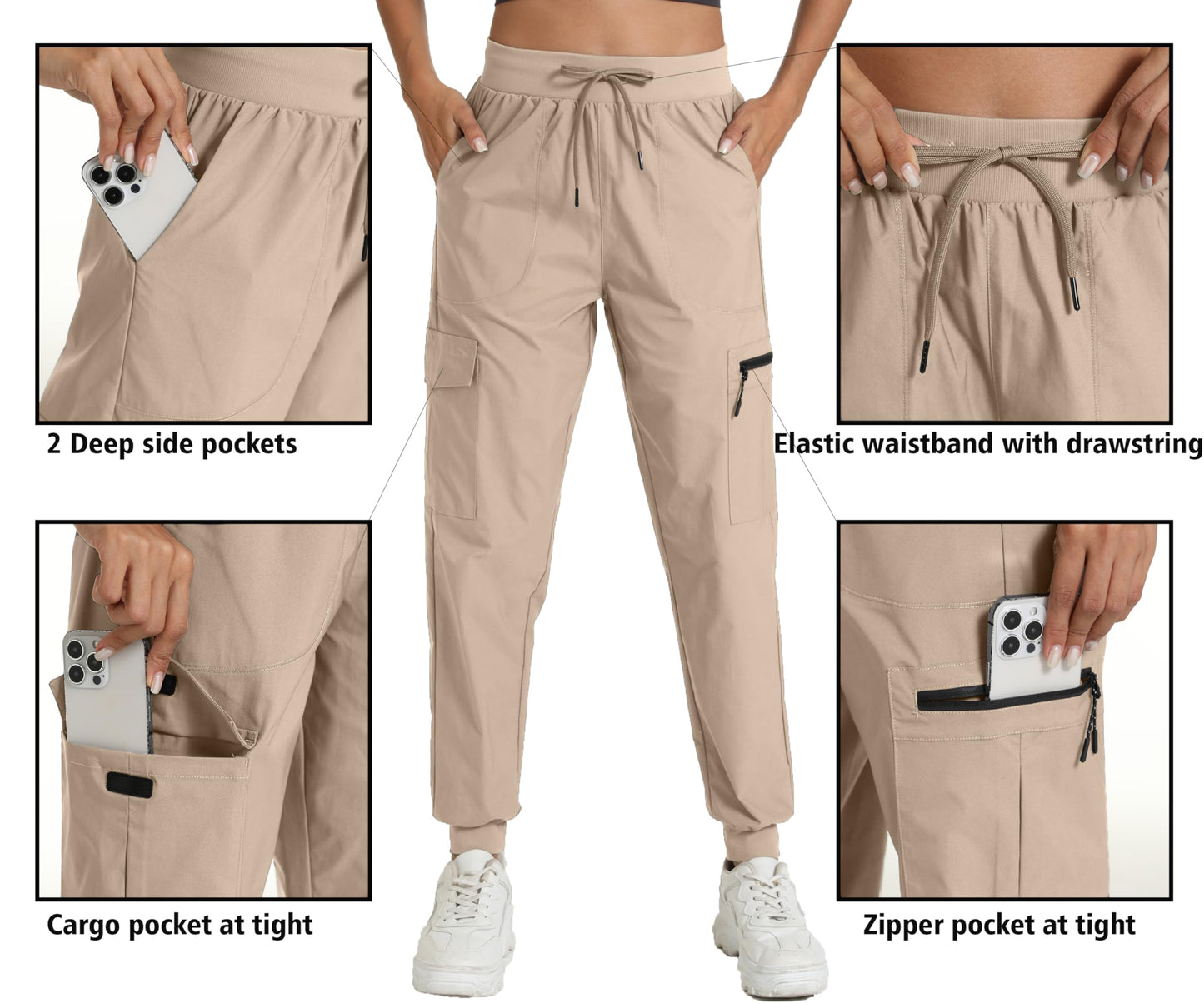 Womens Hiking Pants Water Resistant - Cargo Joggers for Women with Pockets Lightweight Quick Dry Travel Camping Pants(Apricot, Medium)