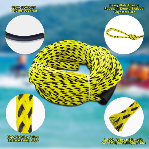 Boat Tow Rope for Tubes Boating, 3K 60FT 1-3 Riders Ski Skiing Heavy Duty Tube Thick Ropes with Floating Foam for Tubing Float Water Wakeboard Towable Tube Yellow and Black