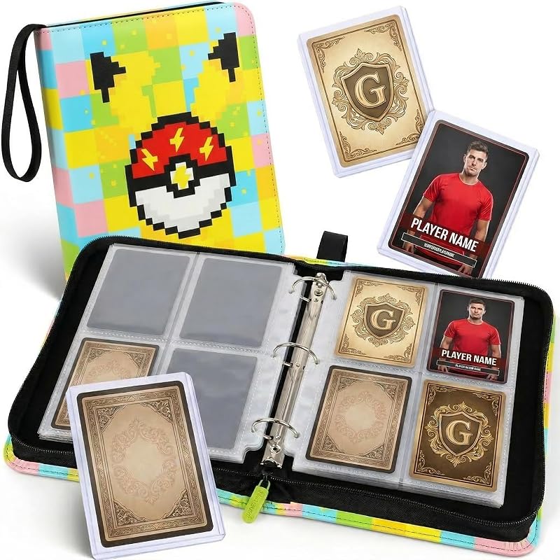 Yellow Pixel 4-Pocket Card Binder with 440 Pockets, 55 Removable Pages, 3-Ring Zipper - Includes Top-Loading Sleeves