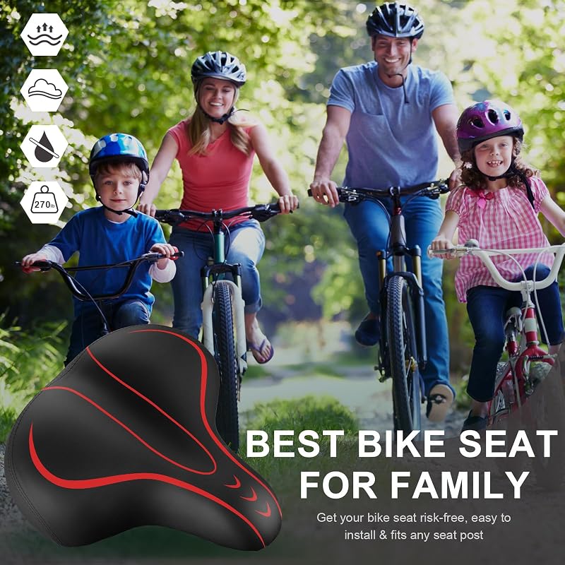 Roguoo Red Bicycle Seat Gel - Dual Shock Absorbing Waterproof Saddle for Mountain & Road Bikes