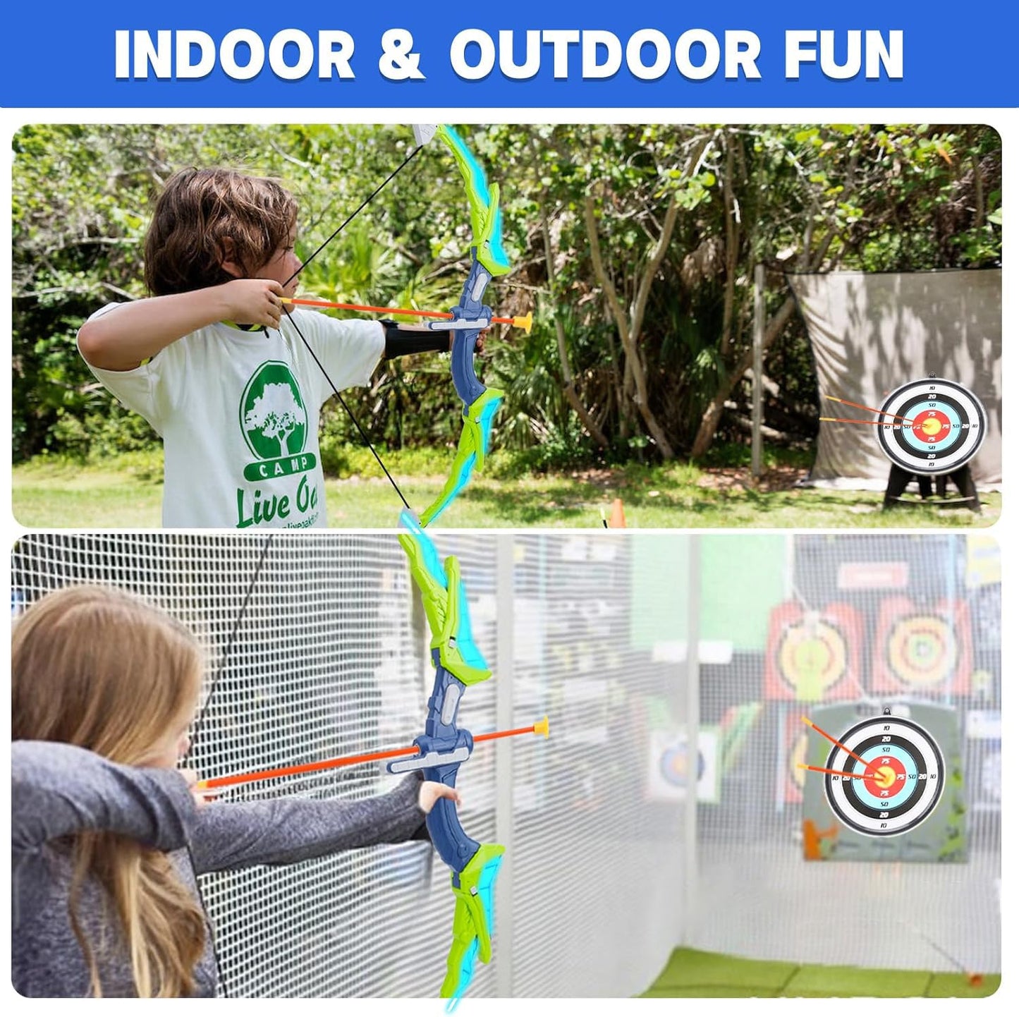 2 Pack Bow and Arrow Set for Kid, LED Light Up Archery Toy with 20 Suction Cup Arrows & 2 Quiver, 2 Score Target, Indoor Outdoor Activity for 6 7 8 9 10 11 12 Year Old Boy Girl Gifts