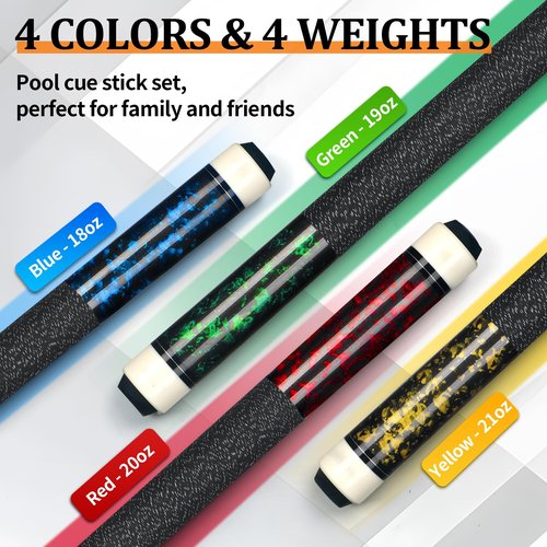 Kmise Pool Cue Stick Set of 4 - Canadian Maple Professional Pool Cues, New Upgraded Irish Linen Wire Grip, 18-21oz, 4 Colors Optional (Blue, Green, Red, Yellow, 18 19 20 21 oz)