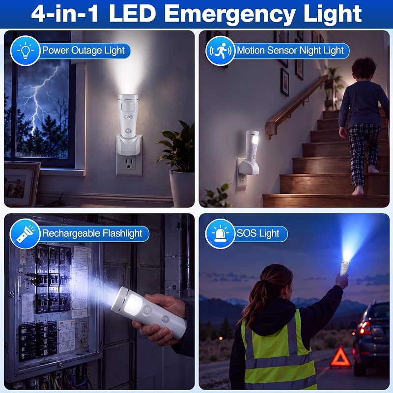 4 Pack 4-in-1 LED Emergency Lights for Power Outages, White - Variation: White+4