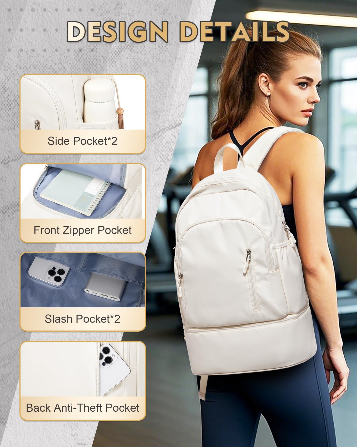 VENATIN Gym Backpack for Women Men, Lightweight Gym Bag with Shoe Compartment, Waterproof Sports Backpack with Wet Pocket for Yoga Fitness Sports, Beige