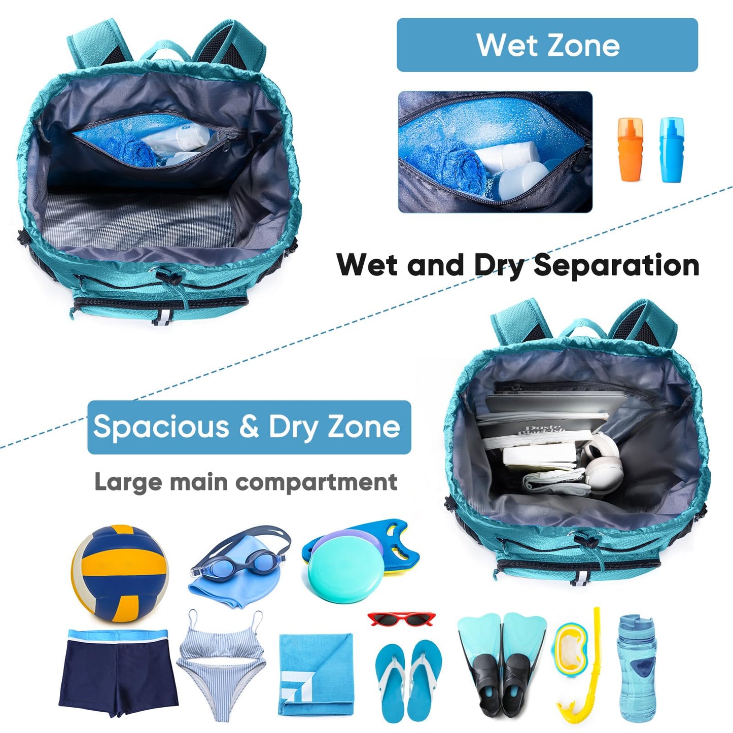 VIGEGARI Large Beach Backpack Waterproof Sandproof - Customized Oversized Drawstring Pool Bag with Shoe Compartment for Toiletries, Towels, Gym, Travel