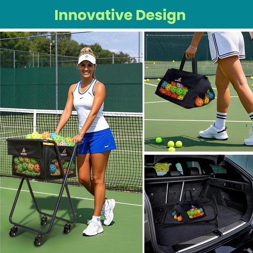 TurboStride Tennis Ball Hopper Cart with 4 Wheels – Foldable, Large Capacity Pickleball & Tennis Ball Collector for Court Training & Coaching