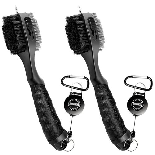 CHAMPKEY PRO Retractable Golf Club Brush | Oversized Brush Head with Soft Rubber Hand Grip & Retractable Groove Cleaner Golf Brush (Black 2 Pcs)
