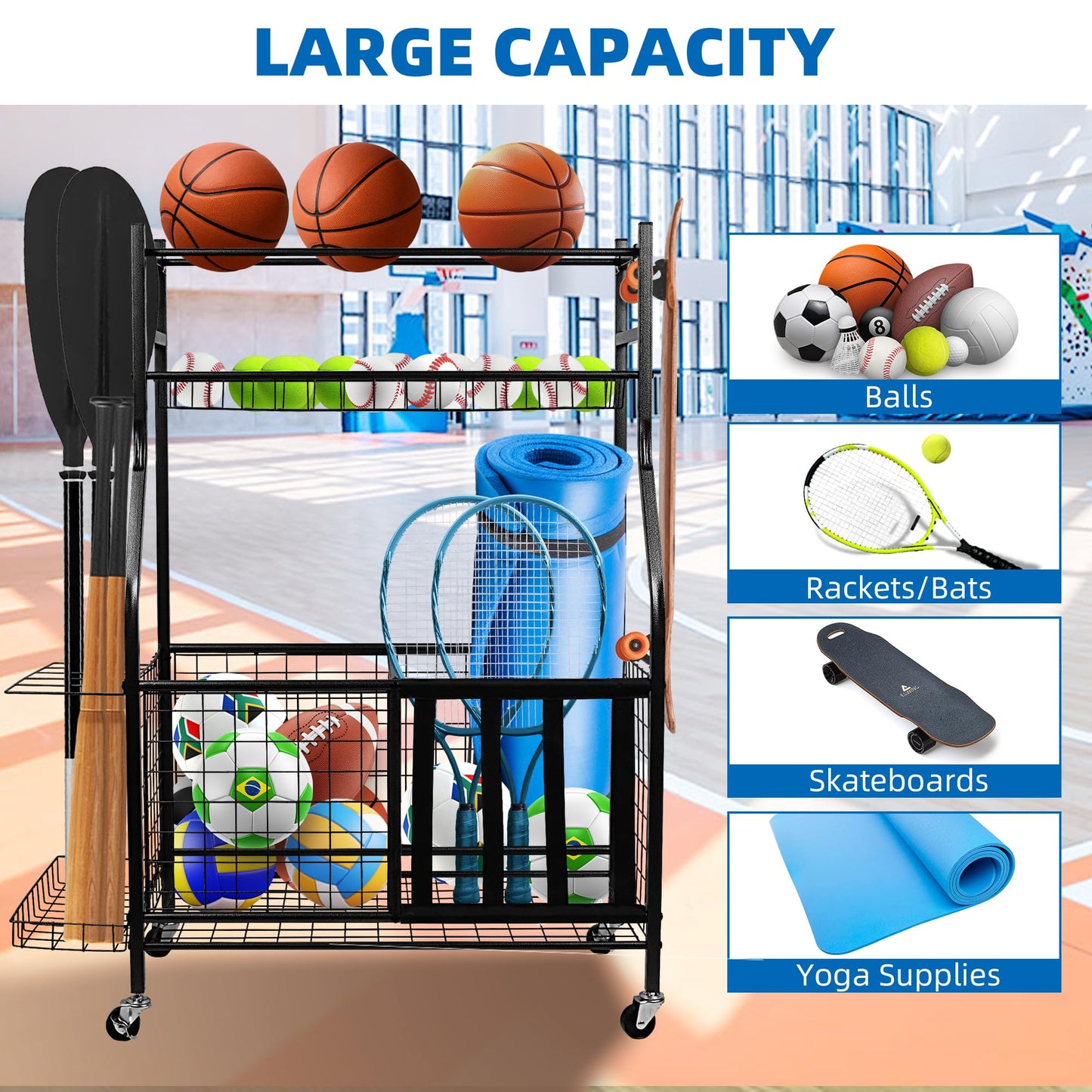 YOUNITA Garage Sports Equipment Organizer, Ball Storage Rack,Garage golf Organizer with Basket and Hooks,Rolling Sports Ball Storage Cart for Toy Gear Storage (45.71 inch)
