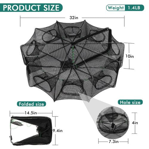 QualyQualy Fishing Bait Trap Crab Net Fishing Trap for Minnow/Crab/Shrimp/Crawdad with Rope, 6/8/10 Holes Large Space Fishing Net